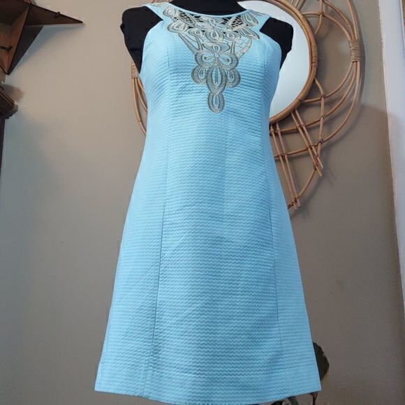 Lilly Pulitzer Gold Metallic Lace Breakwater Blue Jacquard Largo Shift Dres Sz 2 - Picture 5 of 14